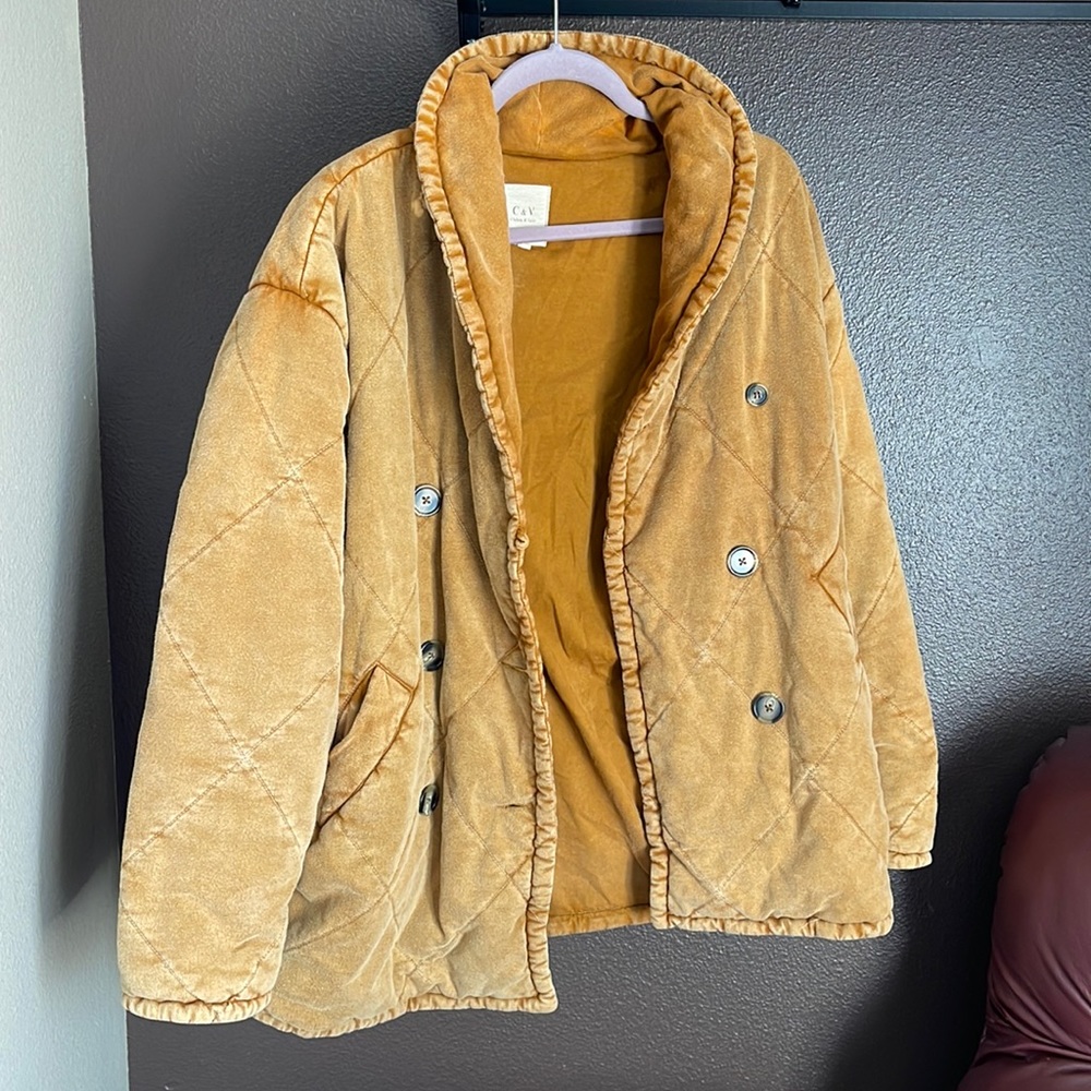 Slouchy oversized quilted mustard yellow button-up jacket